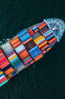 Aerial view of a ship loaded with cargo shipments